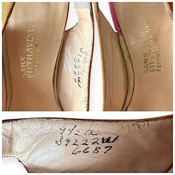 Vintage Saks Fifth Avenue Slingback Heels | Orange Pink Satin | Clear Vinyl Inse - Picture 8 of 14